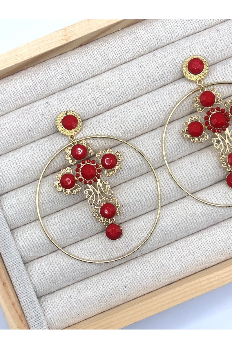 Pendiente CRUZ ARO dorado y rojo