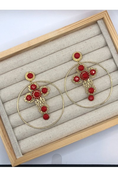 Pendiente CRUZ ARO dorado y rojo