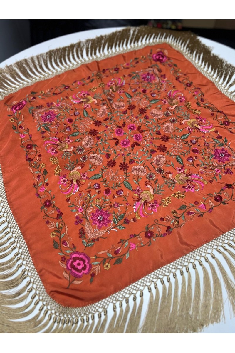 Mantoncillo cuadrado PUREZA caldera, seda bordado seda, fleco dorado