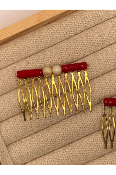 Peinecillo CORAL dorado y bolitas en hueso. Exclusivos Pura Flamenca