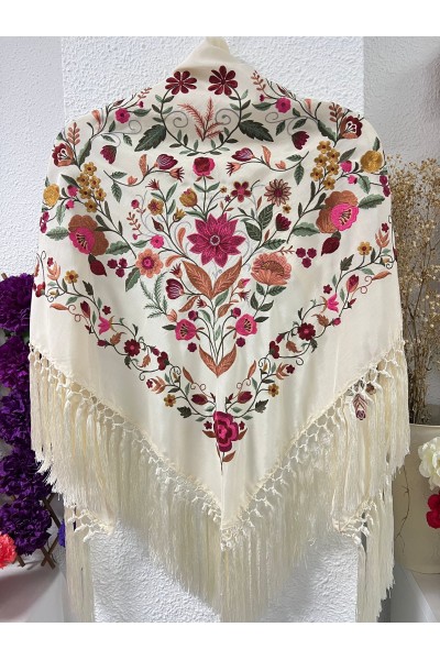 Mantoncillo PUREZA blanco roto, seda, flecado borlón