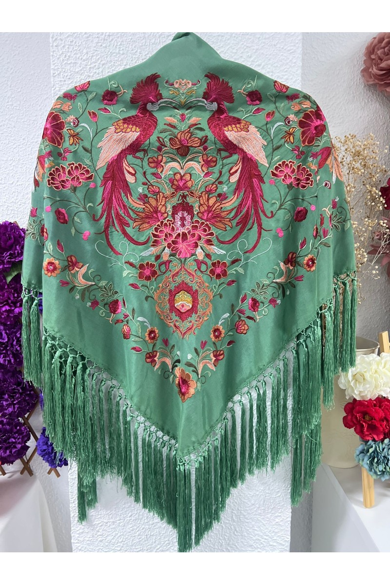 Mantoncillo HERENCIA verde hierba, seda, flecado borlón