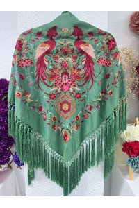 Mantoncillo HERENCIA verde hierba, seda, flecado borlón