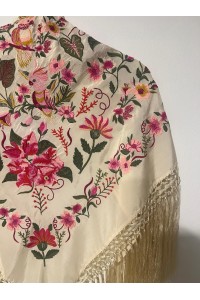 Mantoncillo de flamenca blanco roto GUACAMAYO, Artesanal, seda, borlón