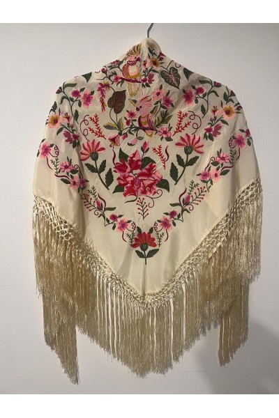 Mantoncillo de flamenca blanco roto GUACAMAYO, Artesanal, seda, borlón