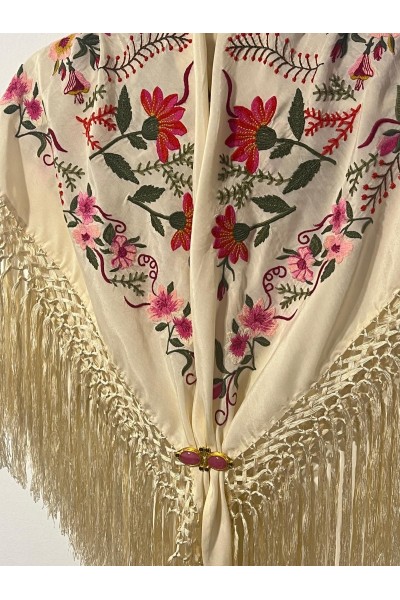 Mantoncillo de flamenca blanco roto GUACAMAYO, Artesanal, seda, borlón