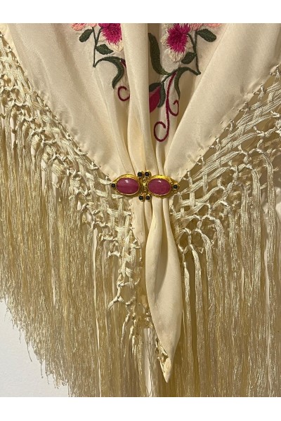 Mantoncillo de flamenca blanco roto GUACAMAYO, Artesanal, seda, borlón