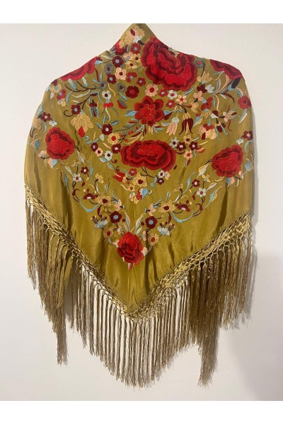 Mantoncillo ROSASROJAS oro viejo, bordado rojo, seda