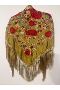 Mantoncillo ROSASROJAS oro viejo, bordado rojo, seda