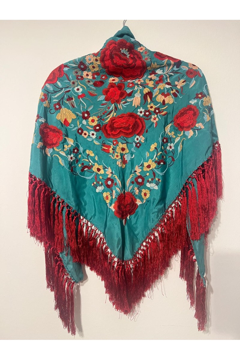 Mantoncillo ROSASROJAS verde, bordado rojo, seda