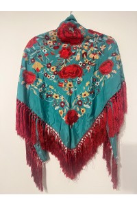 Mantoncillo ROSASROJAS verde, bordado rojo, seda