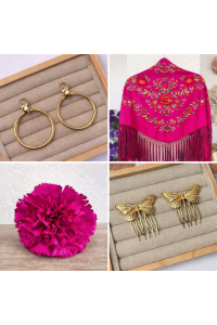 Pack FERIA BUGANVILLA de Mantoncillo, 2 claveles y pendientes dorados