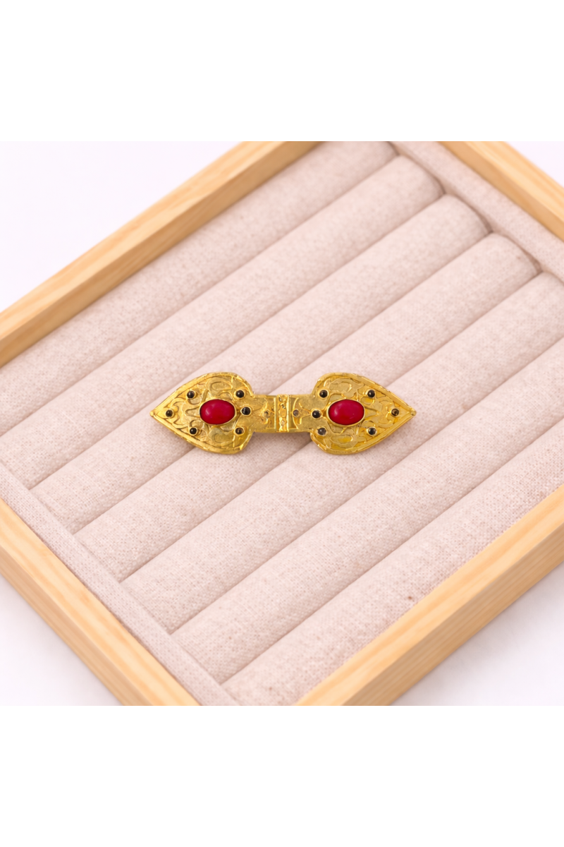Broche LANZAS dorado y fuxia, baño de oro