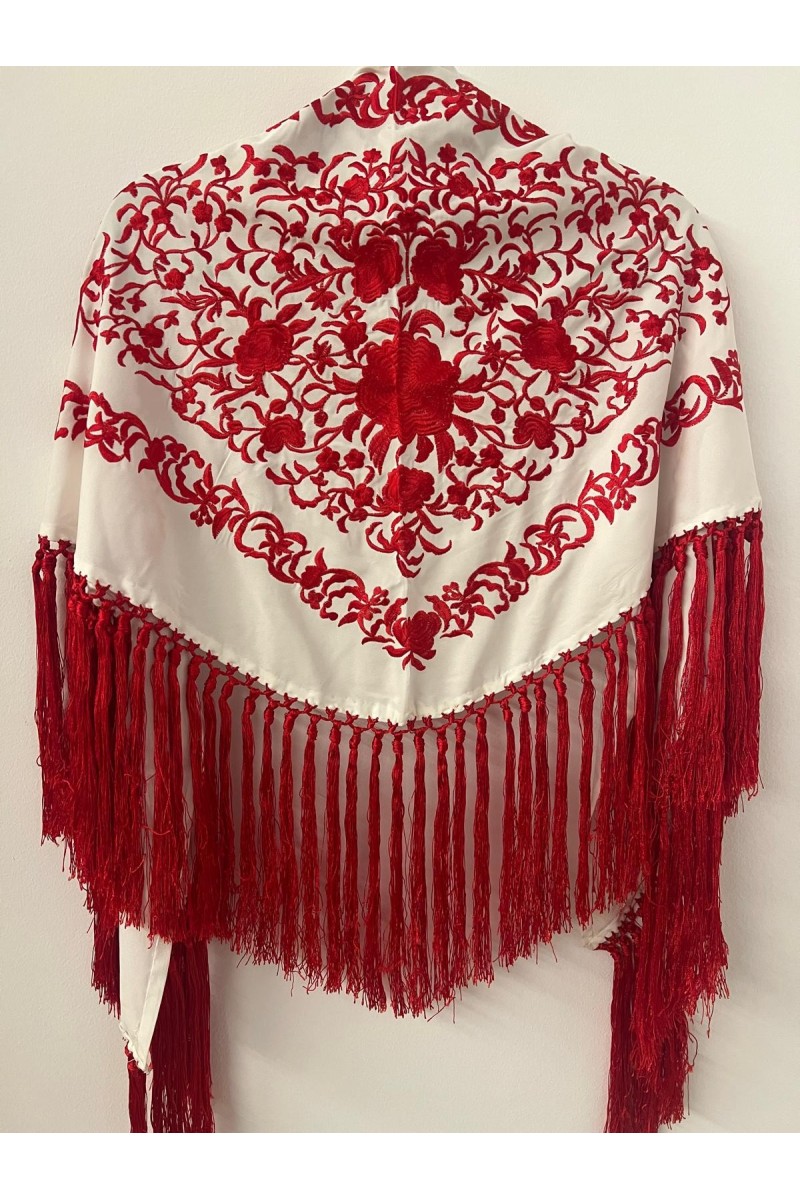 Mantoncillo de flamenca ANDALUCÍA bicolor blanco roto/rojo,  borlones