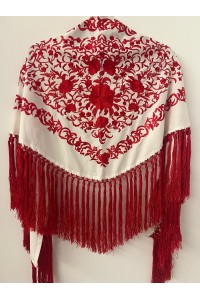 Mantoncillo de flamenca ANDALUCÍA bicolor blanco roto/rojo,  borlones