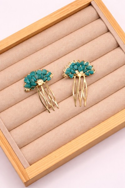 Peinecillo ABANICO TURQUESAS dorado