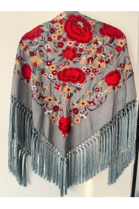 Mantoncillo de flamenca ROSASROJAS gris plomo, rojo, flecado borlón