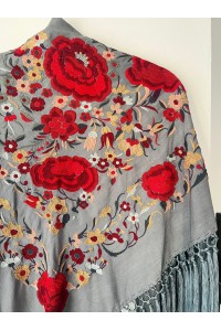 Mantoncillo de flamenca ROSASROJAS gris plomo, rojo, flecado borlón