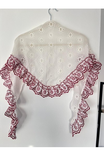 Pico de flamenca ROSETA, blanco, volante granate, batista de seda