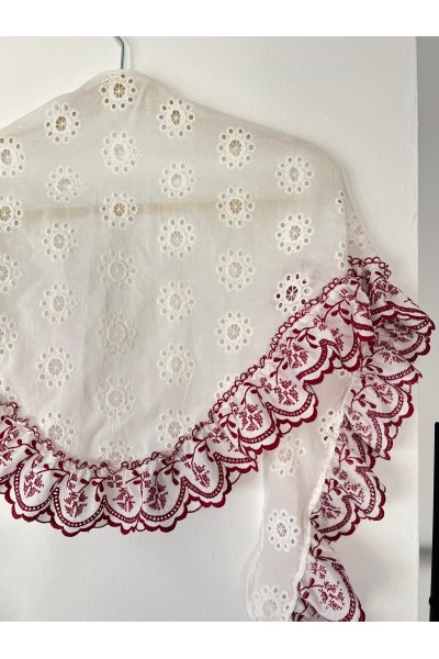 Pico de flamenca ROSETA, blanco, volante granate, batista de seda