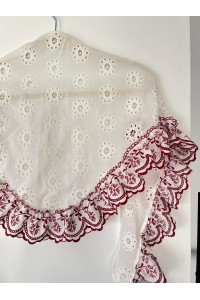 Pico de flamenca ROSETA, blanco, volante granate, batista de seda