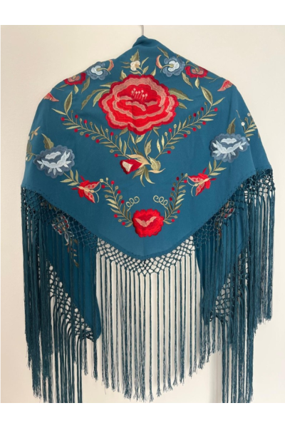 Mantoncillo de flamenca JÁNDULA azul ducado, viscosa, flecado a mano