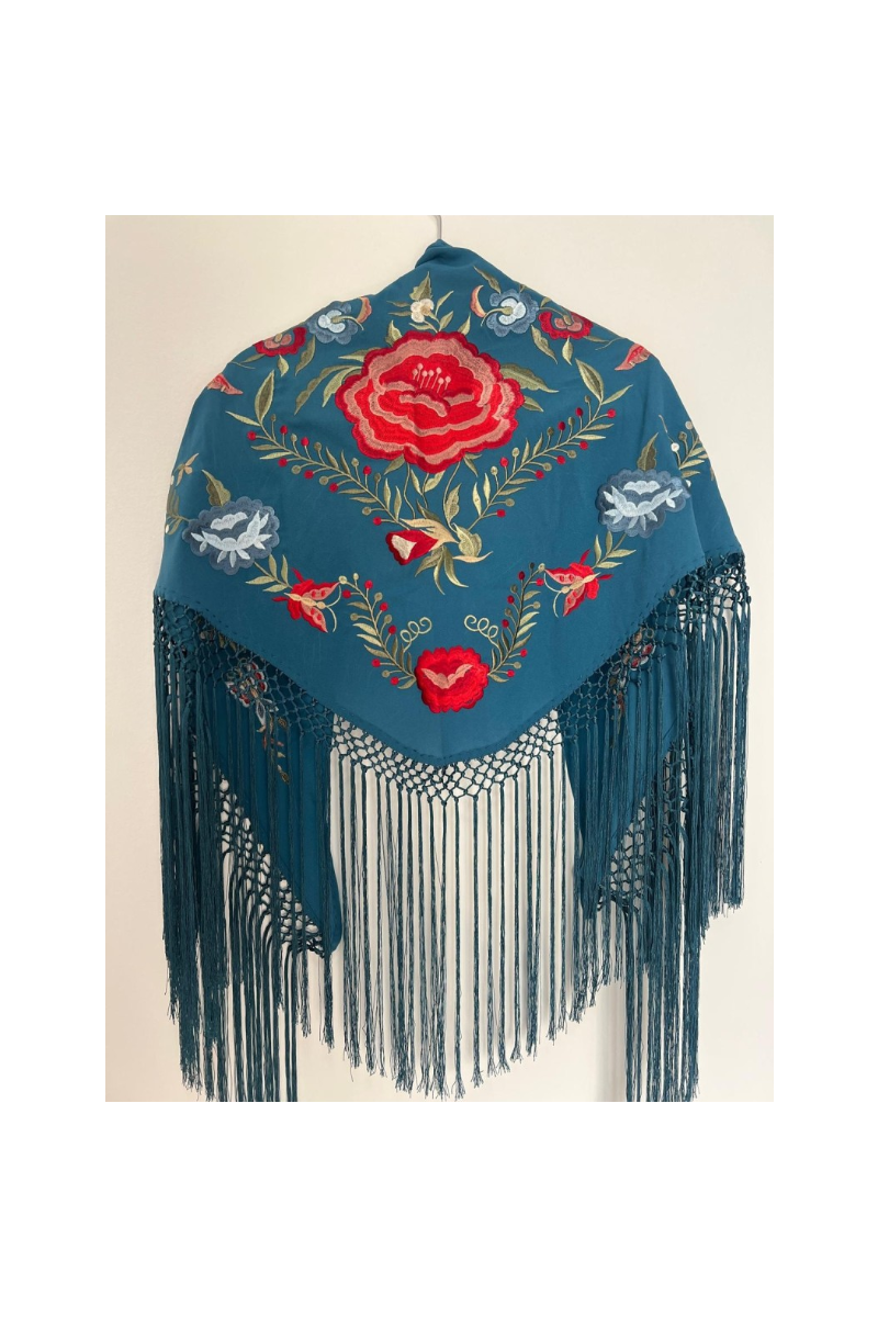 Mantoncillo de flamenca JÁNDULA azul ducado, viscosa, flecado a mano