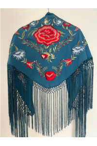 Mantoncillo de flamenca JÁNDULA azul ducado, viscosa, flecado a mano