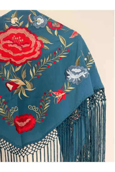 Mantoncillo de flamenca JÁNDULA azul ducado, viscosa, flecado a mano