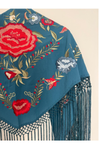 Mantoncillo de flamenca JÁNDULA azul ducado, viscosa, flecado a mano