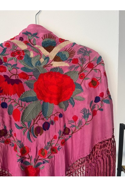 Mantoncillo de flamenca IMPERIOSO rosa, esterilla, flecado artesanal