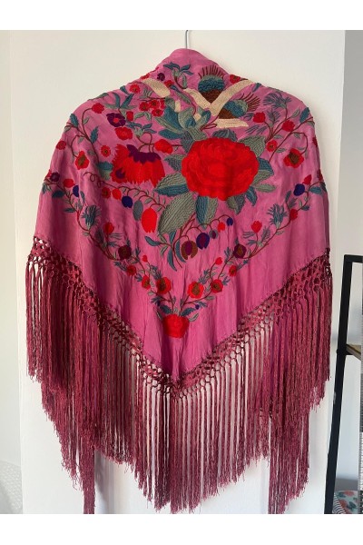 Mantoncillo de flamenca IMPERIOSO rosa, esterilla, flecado artesanal