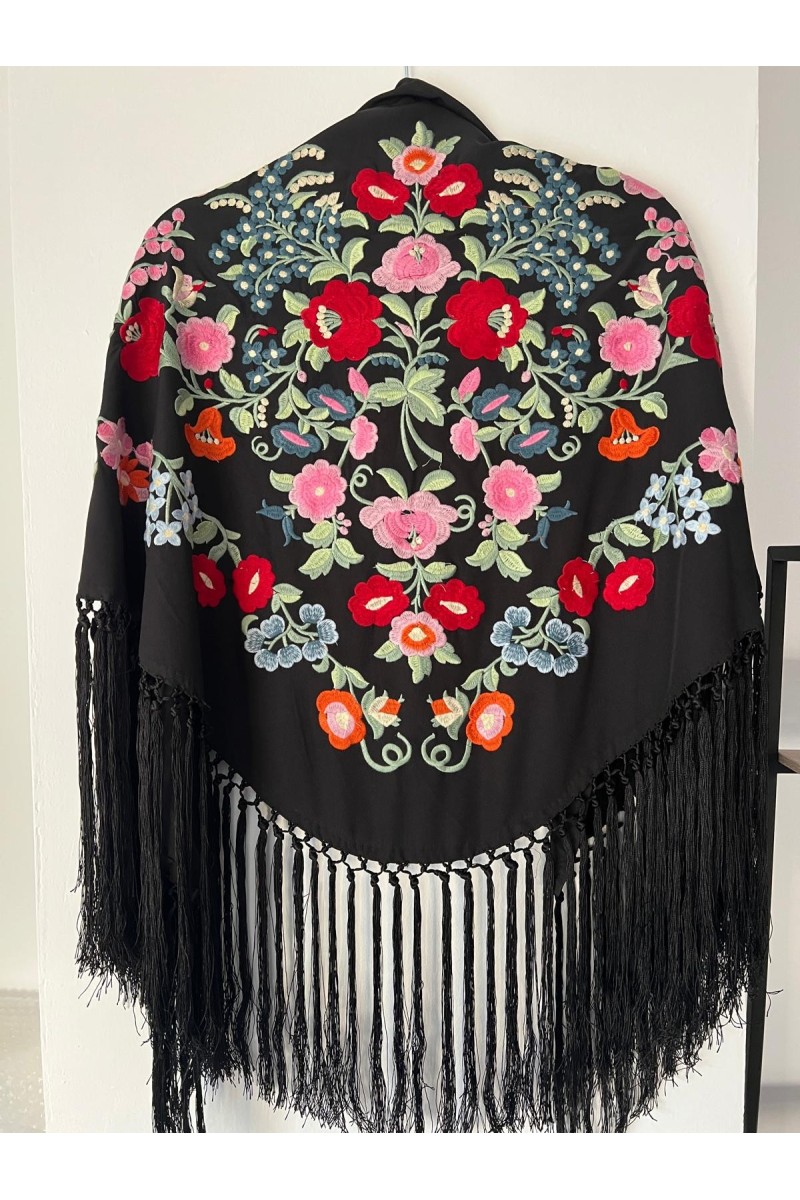 Mantoncillo de flamenca MAYO negro, rojo, rosa, azul, flecado artesana