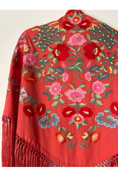 Mantoncillo de flamenca MAYO mandarina, rojo, rosa, flecado artesana