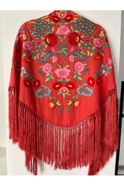 Mantoncillo de flamenca MAYO mandarina, rojo, rosa, flecado artesana