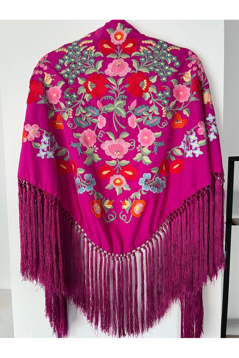 Mantoncillo de flamenca MAYO buganvilla, rojo, rosa, flecado artesana