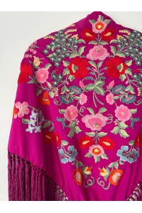 Mantoncillo de flamenca MAYO buganvilla, rojo, rosa, flecado artesana
