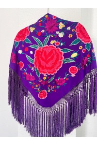 Mantoncillo de flamenca CAMELIA morado y coral, seda, arteanal