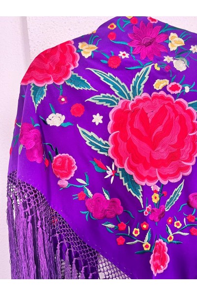 Mantoncillo de flamenca CAMELIA morado y coral, seda, arteanal