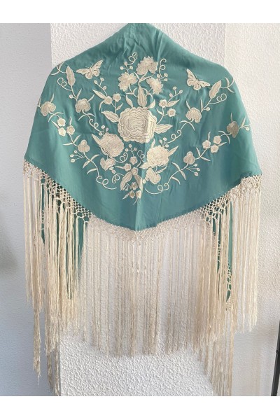 Mantoncillo de flamenca SANTANA verde azulado y blanco roto, artesanal