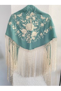Mantoncillo de flamenca SANTANA verde azulado y blanco roto, artesanal