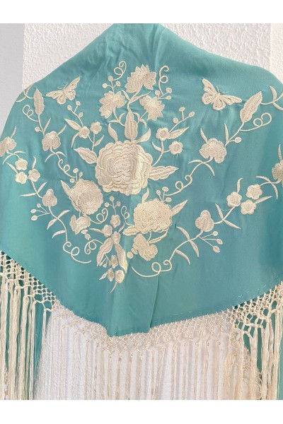 Mantoncillo de flamenca SANTANA verde azulado y blanco roto, artesanal