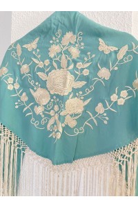 Mantoncillo de flamenca SANTANA verde azulado y blanco roto, artesanal