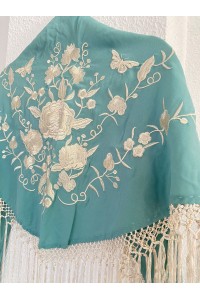 Mantoncillo de flamenca SANTANA verde azulado y blanco roto, artesanal