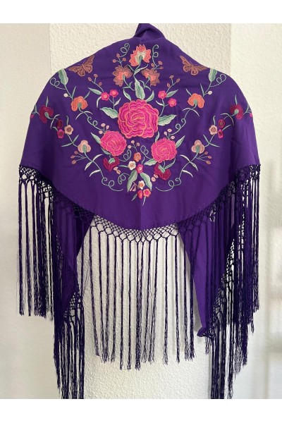 Mantoncillo de flamenca SANTANA morado y rosa fuxia, artesanal