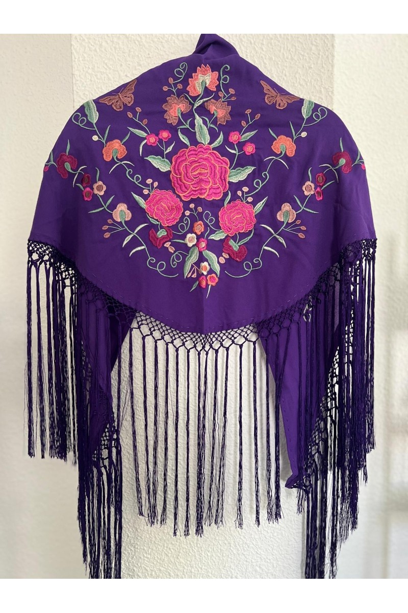 Mantoncillo de flamenca SANTANA morado y rosa fuxia, artesanal