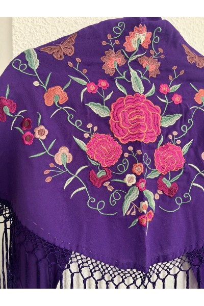 Mantoncillo de flamenca SANTANA morado y rosa fuxia, artesanal